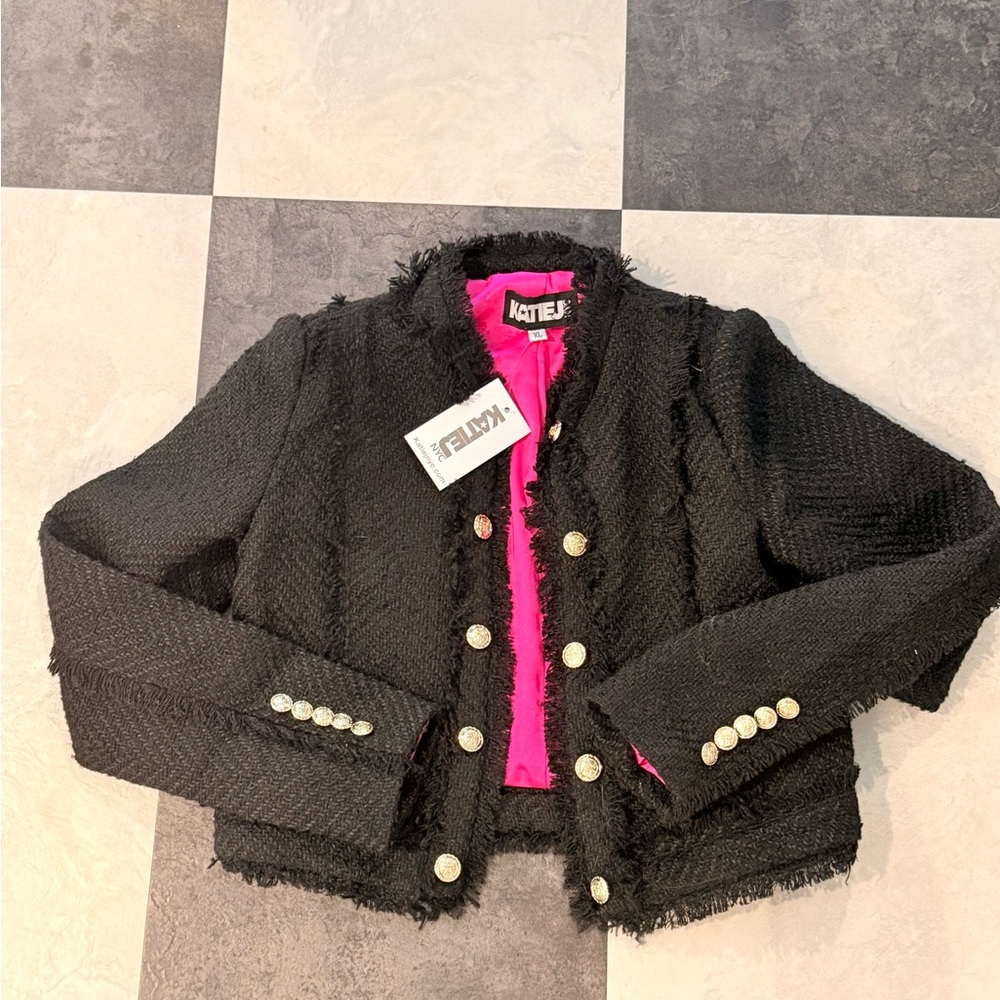 Katie J NYC Black Tweed Blazer with gold buttons